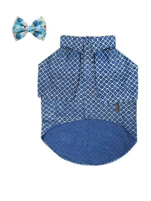

Heads Up For Tails Navy Blue & White Geometric Print Dog Shirt & Bow Tie
