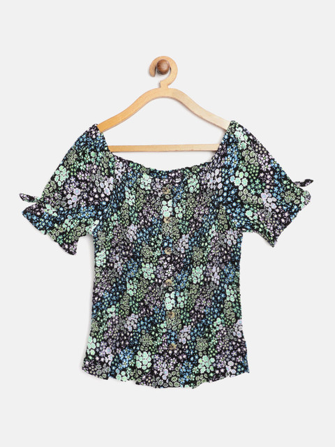 

Marks & Spencer Girls Black & Green Sustainable Floral Print Smocked Bardot Top