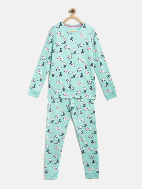 

Marks & Spencer Girls Sea Green & Navy Blue Cat Print Sustainable Night Suit