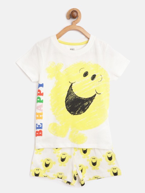 

Marks & Spencer Boys White & Yellow Printed Pure Cotton Night suit
