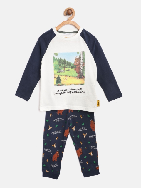 

Marks & Spencer Boys White & Navy Blue Printed Pure Cotton Night suit