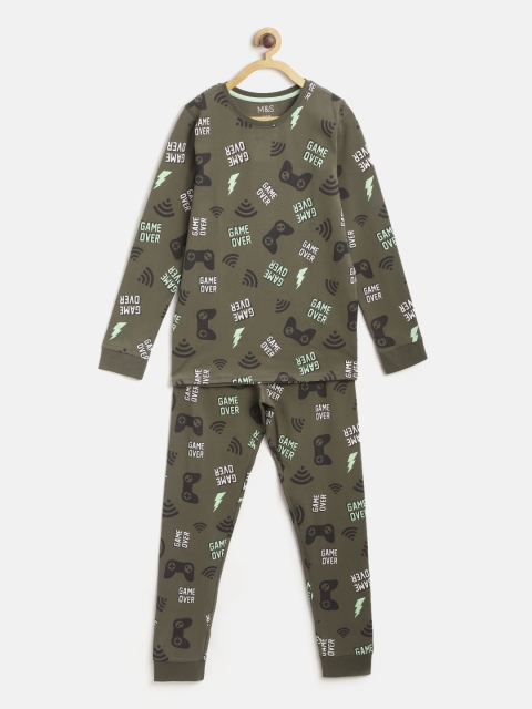 

Marks & Spencer Boys Olive Green & White Conversational Print Cotton Night Suit