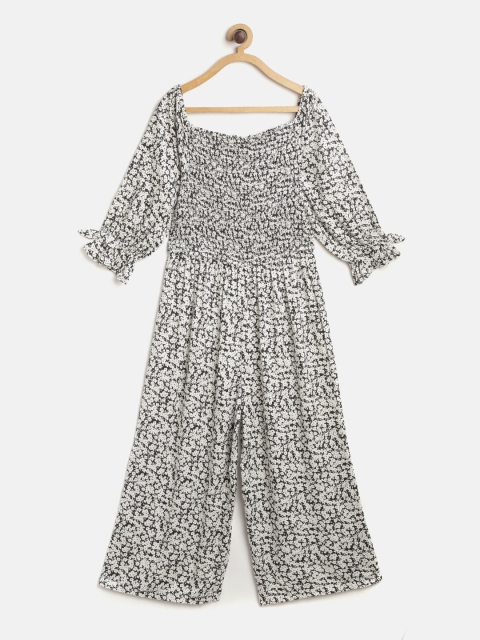 

Marks & Spencer Girls Black & White Floral Print Smocked Bardot Sustainable Jumpsuit