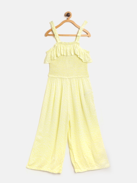 

Marks & Spencer Girls Yellow & White Abstract Print Smocked Ruffle Sustainable Jumpsuit