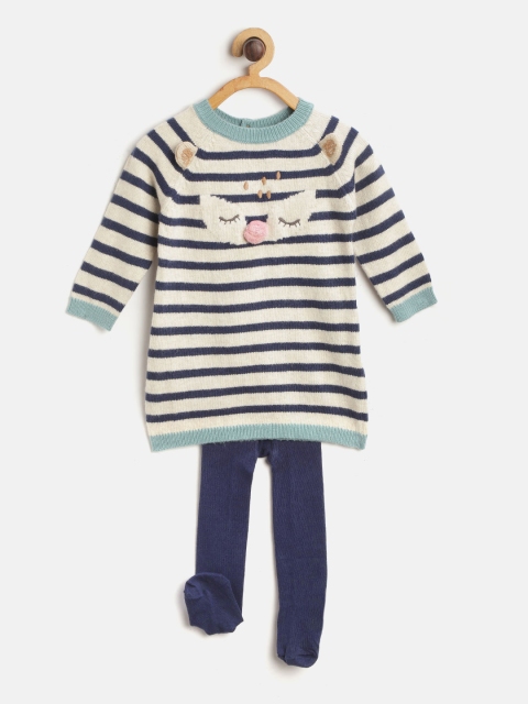 

Marks & Spencer Girls Off-White & Navy Striped Sweater Dress with Stockings