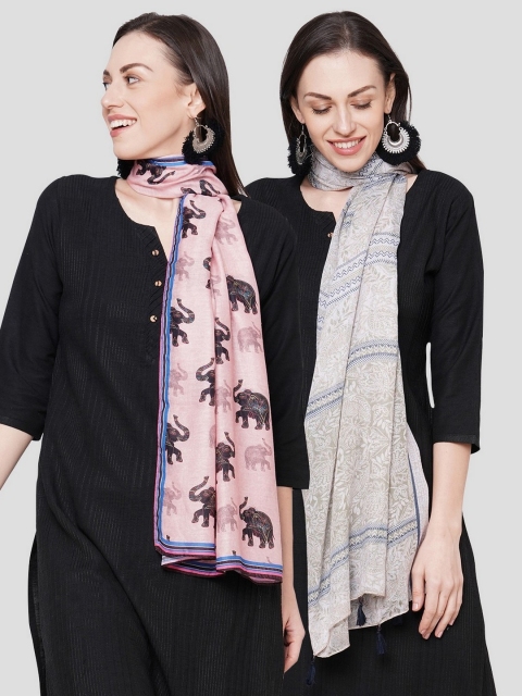 

Get Wrapped Women Multi Coloured Printed Scarves Pack of 2, Grey