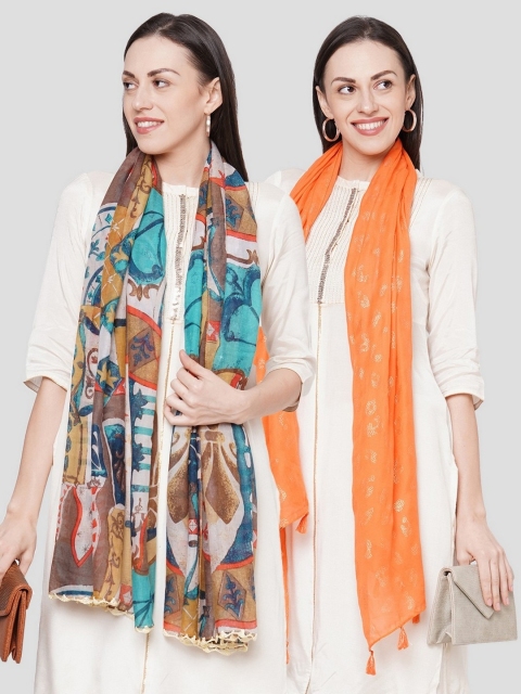 

Get Wrapped Women Multi Coloured Printed Scarves Pack of 2, Orange