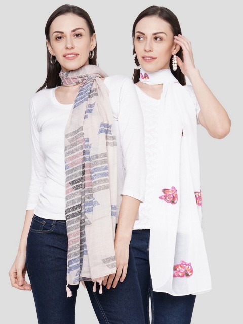 

Get Wrapped Women White Printed Scarves Pack of 2