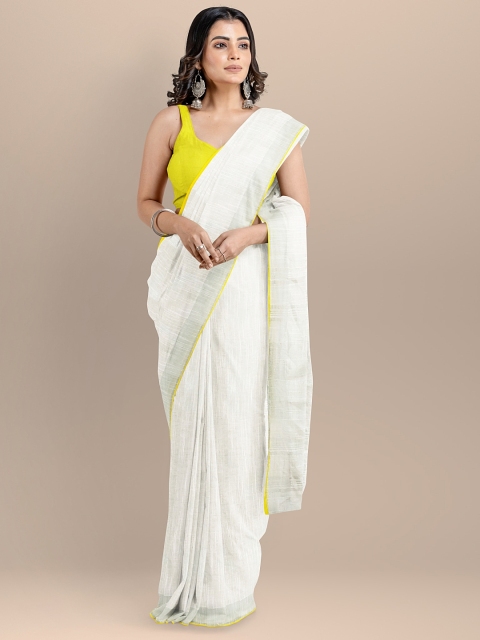

BharatSthali White Pure Cotton Solid Maheshwari Handloom Saree