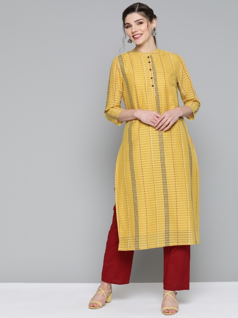 

HERE&NOW Women Mustard Yellow & Navy Blue Striped Straight Kurta