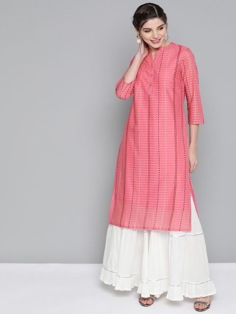 

HERE&NOW Women Pink & Navy Blue Striped Straight Kurta