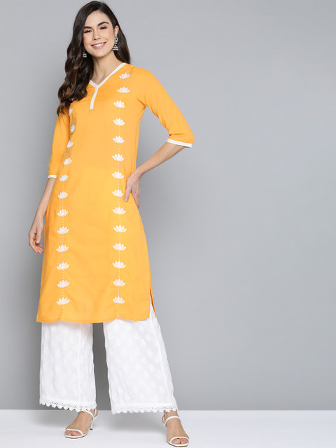 

HERE&NOW Women Mustard Yellow & White Embroidered Straight Kurta