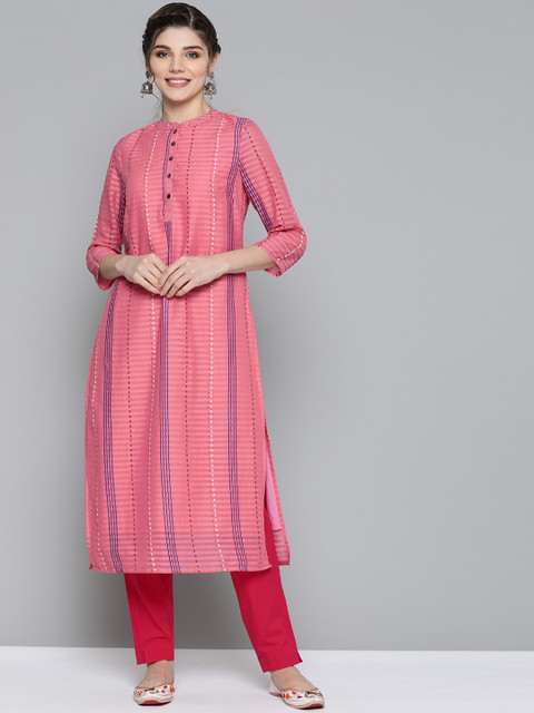

HERE&NOW Women Pink & Blue Striped Straight Kurta