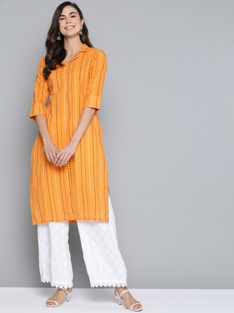

HERE&NOW Women Mustard Yellow Striped Straight Kurta