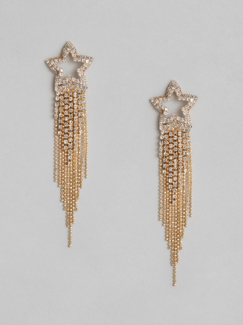 

justpeachy White Gold-Plated Stone-Studded Tasselled Star Shaped Drop Earrings