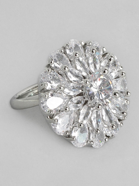 

justpeachy White Rhodium-Plated AD Studded Floral Adjustable Finger Ring