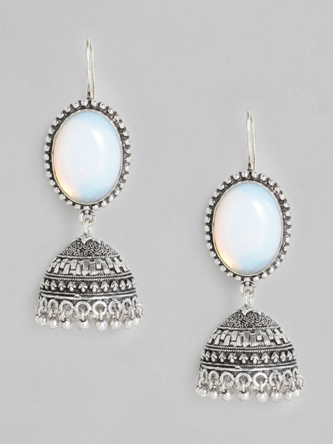

justpeachy White Silver-Plated Oxidised Studded Dome Shaped Jhumkas