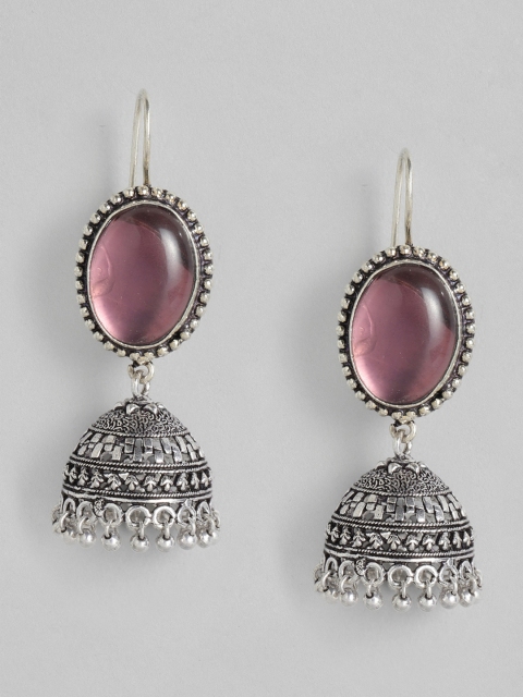 

justpeachy Purple Silver-Plated Oxidised Studded Dome Shaped Jhumkas