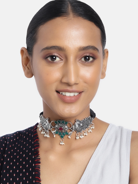 

justpeachy Oxidised Silver-Plated & Green Necklace