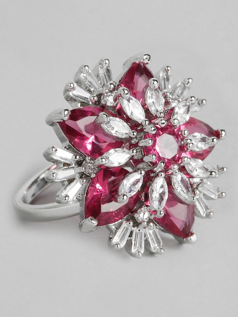 

justpeachy Silver-Toned & Red Rhodium-Plated Embellished Finger Ring