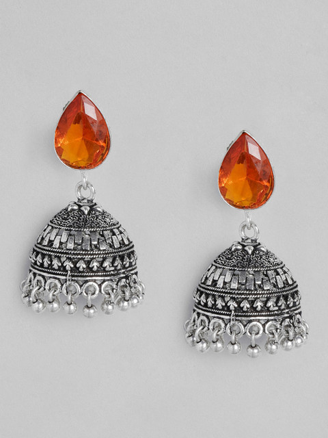 

justpeachy Orange & Silver-Plated Dome Shaped Oxidised Jhumkas
