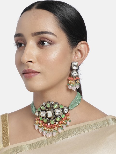 

justpeachy Women Green Gold-Plated AD Studded Jewellery Set