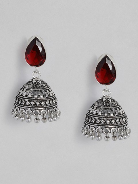 

justpeachy Red Silver-Plated Oxidised Dome Shaped Jhumkas