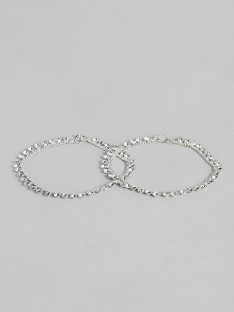 

justpeachy Set of 2 White Silver-Plated Stone-Studded Anklets