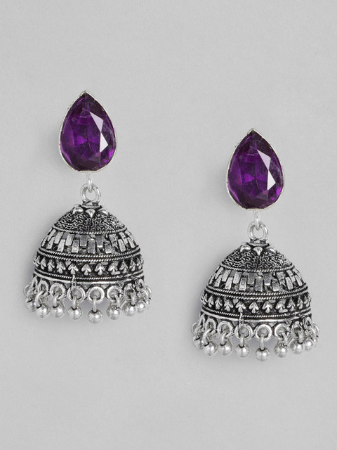 

justpeachy Purple Silver-Plated Oxidised Studded Dome Shaped Jhumkas