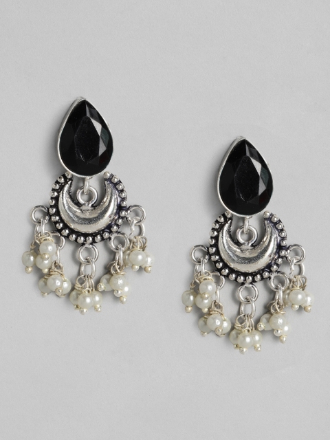 

justpeachy Black Silver-Plated Oxidised Studded Crescent Shaped Drop Earrings