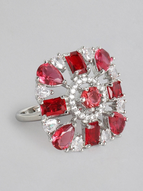 

justpeachy Red & White Rhodium-Plated AD Studded Adjustable Finger Ring