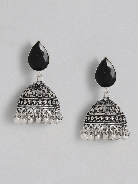 

justpeachy Black Silver-Plated Oxidised Studded Dome Shaped Jhumkas