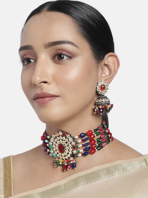 

justpeachy Women Multicoloured Gold-Plated Studded Jewellery Set, Multi
