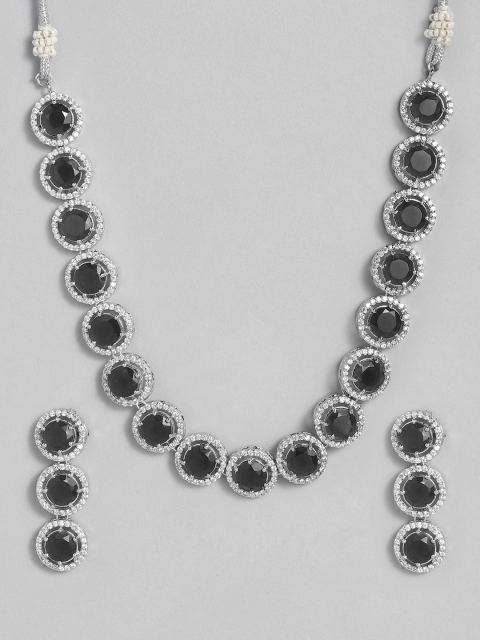 

justpeachy Black & White Silver-Plated AD Studded Jewellery Set