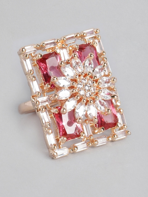 

justpeachy Red Gold Plated Stone Studded Square Shape Non-Adjustable Finger Ring