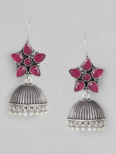 

justpeachy Red Silver-Plated Oxidised Studded Dome Shaped Jhumkas