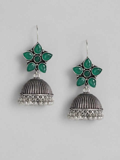 

justpeachy Green Silver-Plated Oxidised Studded Dome Shaped Jhumkas