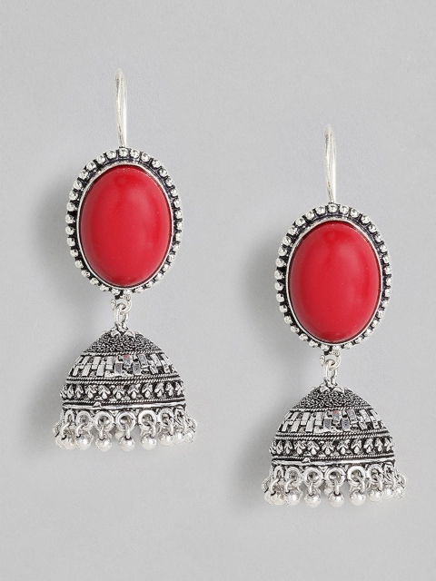 

justpeachy Red Silver-Plated Oxidised Studded Dome Shaped Jhumkas