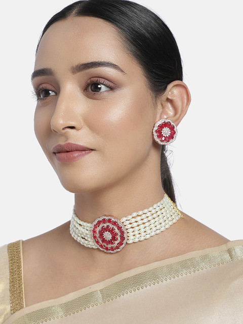 

justpeachy Women White & Red AD Studded Jewellery Set