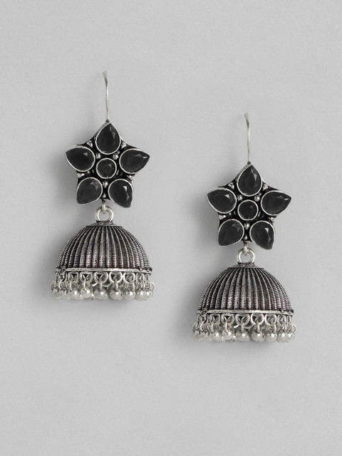 

justpeachy Black Silver-Plated Oxidised Studded Dome Shaped Jhumkas