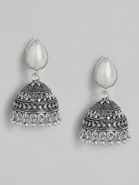 

justpeachy White & Silver-Plated Dome Shaped Oxidised Jhumkas