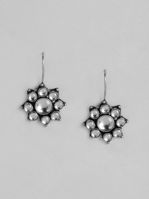 

justpeachy Silver-Plated Oxidised Studded Floral Drop Earrings