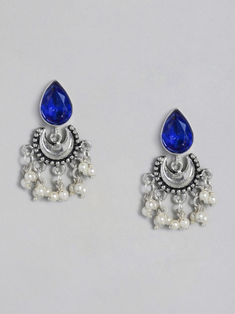 

justpeachy Blue Silver-Plated Oxidised Studded Crescent Shaped Drop Earrings