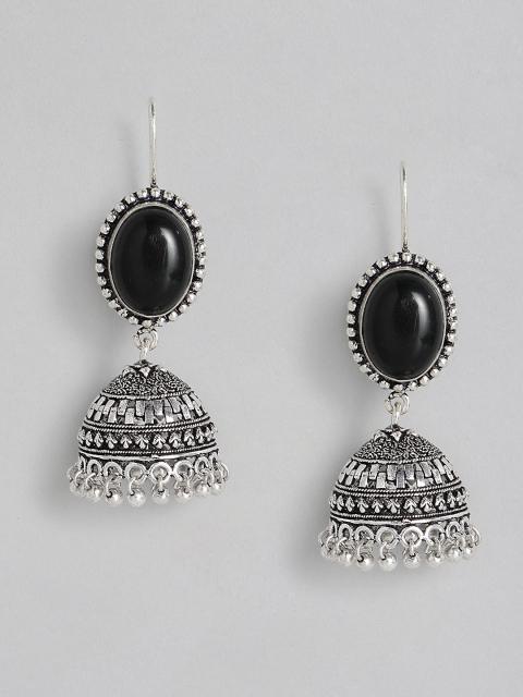 

justpeachy Black Silver-Plated Oxidised Studded Dome Shaped Jhumkas