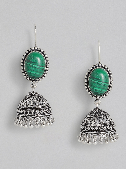 

justpeachy Green Silver-Plated Oxidised Studded Dome Shaped Jhumkas