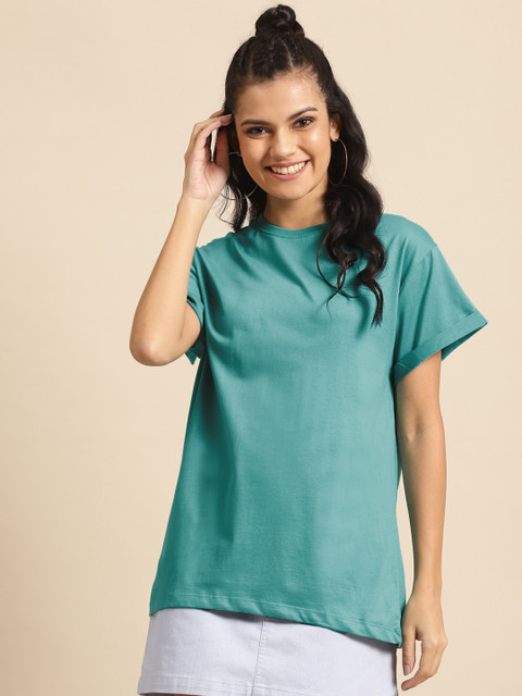 

Bewakoof Women Blue Pure Cotton Solid Round Neck T-shirt