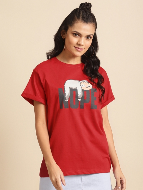 

Bewakoof Women Red Pure Cotton Printed Round Neck Pure Cotton T-shirt