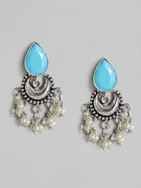 

justpeachy Blue Silver-Plated Oxidised Studded Crescent Shaped Drop Earrings
