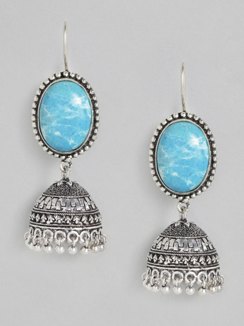 

justpeachy Turquoise Blue Silver-Plated Oxidised Studded Dome Shaped Jhumkas