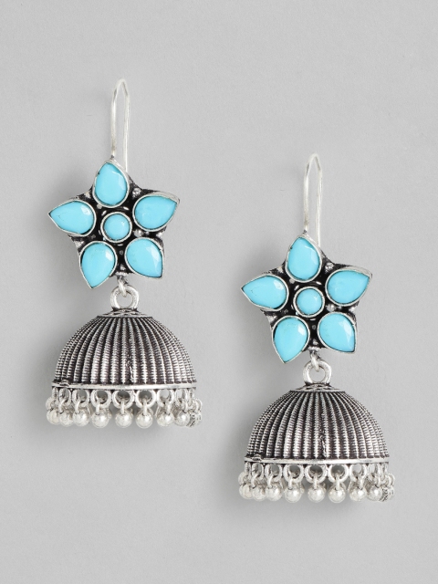 

justpeachy Blue Silver-Plated Oxidised Studded Dome Shaped Jhumkas